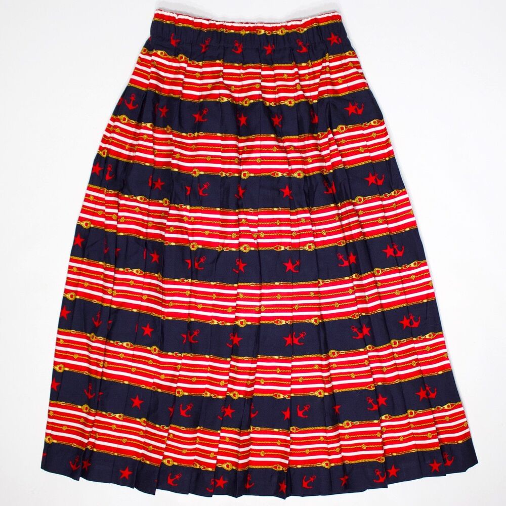 VTG Bechamel Petites Navy Blue Red Striped Nautical Pleated Midi Skirt Sz P